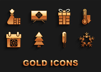Set Christmas tree, Meteorology thermometer measuring, Snowflake, Calendar, Gift box, and bag and Merry on television icon. Vector