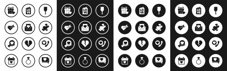 Set Wine glass, Envelope with heart, Amour and arrow, Gift box, Heart, Valentines day party flyer, Telephone speech bubble and hand icon. Vector