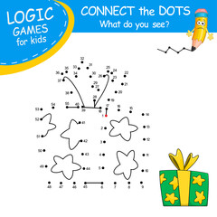 Gift Box. Connect the dots by numbers to draw the christmas or birthday Present Box. Dot to dot Game and Coloring Page with cartoon box for celebration. Logic Game for Kids learning counting number.