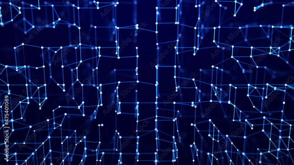 Fototapete Blockchain technology. Abstract digital background of points and lines. Glowing plexus. Big data. Network or connection. Science background. 3d rendering