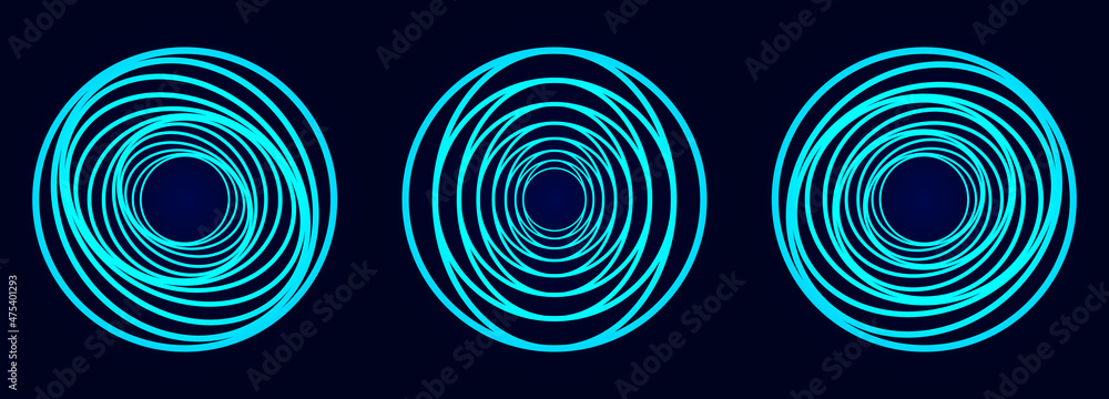 Poster set of swirling round symbols. optical illusion. vector illustration. blue circles. abstract 3d tunn