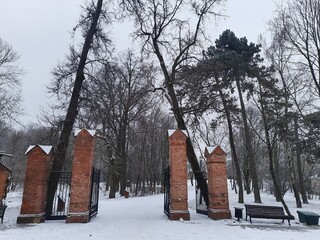 vintage buildings in winter belarusian park