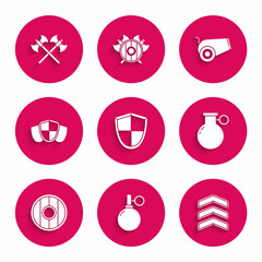Set Shield, Hand grenade, Military rank, Round wooden shield, Cannon and Crossed medieval axes icon. Vector