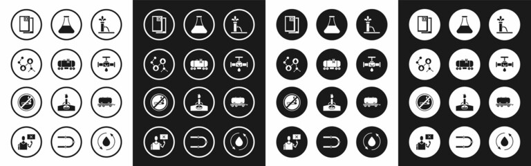 Set Oil pump or pump jack, railway cistern, Molecule oil, Barrel, Broken pipe with leaking water, petrol test tube, and No Smoking icon. Vector