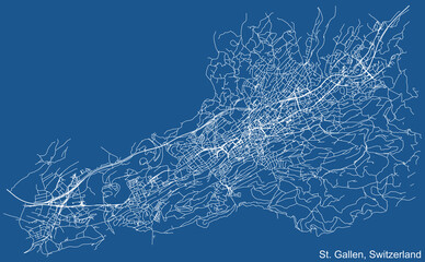 Detailed technical drawing navigation urban street roads map on blue background of Swiss regional capital city of St. Gallen, Switzerland