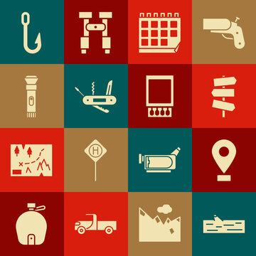 Set Wooden log, Location, Road traffic signpost, Calendar, Swiss army knife, Flashlight, Fishing hook and Open matchbox and matches icon. Vector