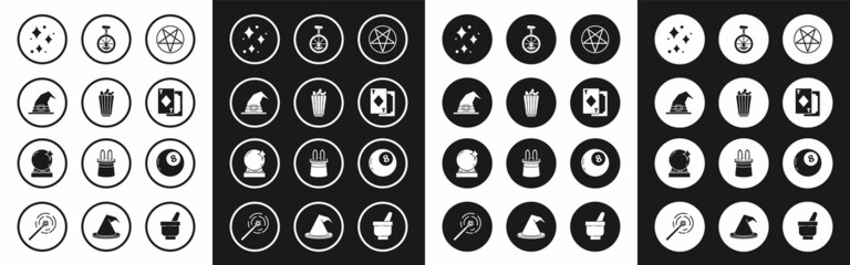 Set Pentagram in a circle, Popcorn box, Witch hat, Sparkle stars with magical glitter, Playing cards, Unicycle one wheel bicycle, Magic ball of predictions and icon. Vector