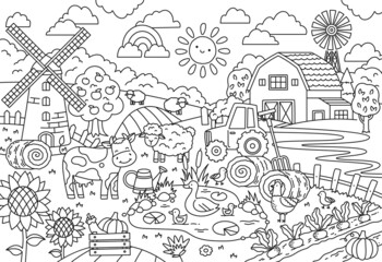 Happy Farm big coloring page. Linear poster with mill, cow, sheep, barn and harvest. Design element for coloring. Stress relief for children and adults. Cartoon modern flat vector illustration