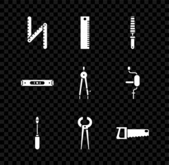 Fototapeta premium Set Folding ruler, Ruler, Chisel tool for wood, Screwdriver, Pincers and pliers, Hand saw, Construction bubble level and Drawing compass icon. Vector