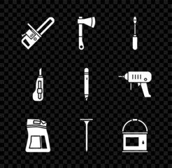 Set Chainsaw, Wooden axe, Screwdriver, Cement bag, Metallic nail, Paint bucket, Stationery knife and Pencil with eraser icon. Vector