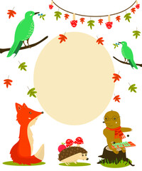 Autumn Forest Friends Kids IIlustration. Template for greeting card and invitations