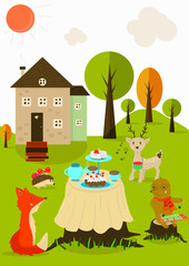 Obraz na płótnie Canvas Autumn Forest Freinds Tea Party poster Great for kids room decoration 