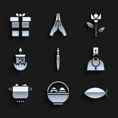 Fototapeta premium Set Paint brush, Basket with easter eggs, Christian fish, Priest, Egg hot pot, Burning candle, Flower tulip and Gift box icon. Vector