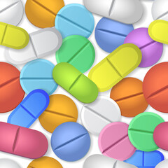 Pills and capsules Seamless pattern . Medicine or dietary supplements. Different colors, shapes Vector