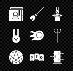 Set Ancient magic book, Witches broom, Magician hat and rabbit, Pentagram in circle, Three tarot cards, Trunk for tricks, Rabbit with ears and Fireball icon. Vector