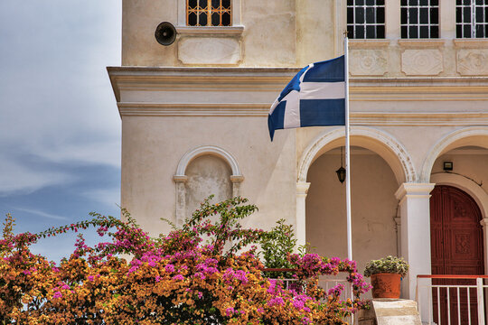 Greek National flag in Lefkimmi, Corfu, Greece