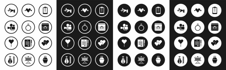 Fototapeta premium Set Clipboard with checklist, Diamond engagement ring, Cinema camera, Wedding rings hand, Amour heart arrow, Heart and Balloon form of icon. Vector