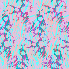 Modern abstract botanical pattern with leaves and herbs and wavy with lines pixelated digital texture in lilac and turquoise hues. Mix of silhouettes and lines for summer textiles and surface designs