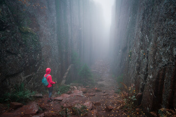 Woman hikes through Slåttdalsskrevan canyon in foggy conditions in Skuleskogen National Park in...