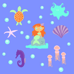 Fototapeta premium Vector sea world set with mermaid, turtle, octopus, jellyfish, seahorse, shell, sea star. Hand drawn elements on violet background. Great for kids stuff