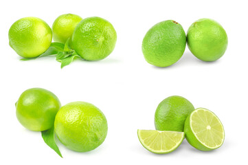 Collage of limes on a isolated white background