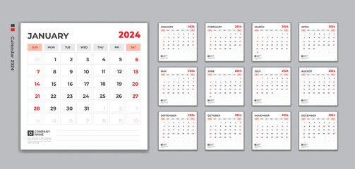 Calendar 2024 template vector, Desk Calendar 2024 design, Wall calendar, Week Starts on Sunday. Set of 12 Months, planner 2024 template, Printing media, advertisement