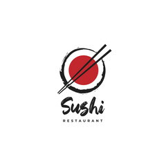 chopstick holding sushi logo design with brush style