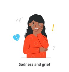 Sad crying woman concept. Young upset girl grieves and sheds tears. Depression and bad mood due to broken heart. Female character with life difficulties. Cartoon modern flat vector illustration