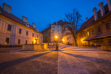 Fototapeta na wymiar Europe, Czech Republic, Cesky Krumlov. Cesky Krumlov Castle courtyard at sunset.