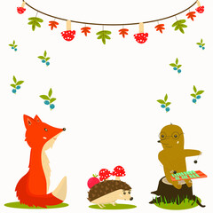 Vector kids party invitation or greeting card template with cute animals: hedgehog, fox, mole. Great for baby shower, kids birthday party and etc.
