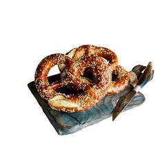 Brezel on a textured board with a knife. Delicious Bavarian pretzel isolated on a white background