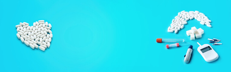 Medicine, diabetes, glycemia, Healthcare and the concept of people - close-up of lancelet, glucose meter and test strips. background o concept of diabetic disease with space  copy. World Diabetes Day