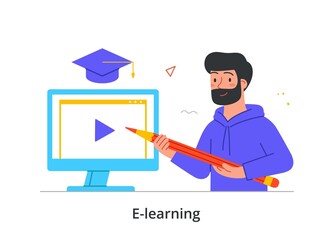 Online education and e learning concept. Young bearded man stands in front of computer screen and holds large pencil. Male character taking course in drawing. Cartoon modern flat vector illustration