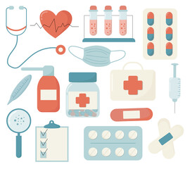 Set of medical items, elements Cartoon Vector Flat Illustration.