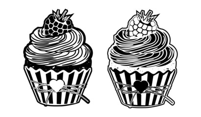Black and white raspberry muffin set in two designs. Delicious dessert decorated with berry and fondant.Cupcake in a package with a bow and a heart. Food icon in graphic style.Vector illustration.
