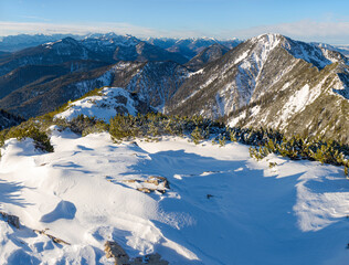 View towards Wetterstein Mountains, Ammergau Alps and Algau Alps. View from Mt. Herzogstand near...