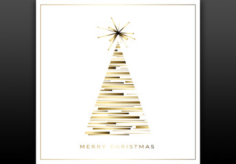 Modern Trendy Christmas Card with Golden Lines Christmas Tree on White Background