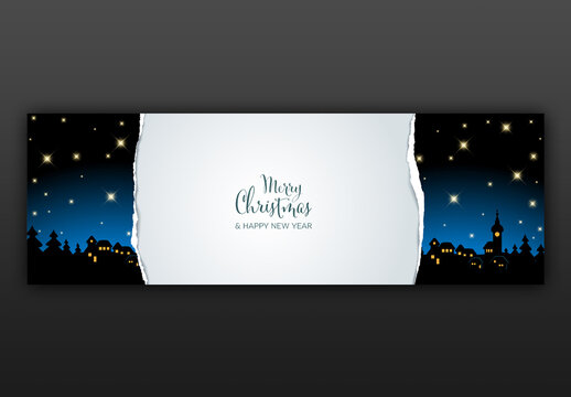 Christmas Banner Social Media Header Layout with Night Village Landscape