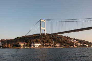 Istanbul Bosphorus panoramic photo. Istanbul landscape beautiful sunset with clouds Ortakoy Mosque, Bosphorus Bridge, Fatih Sultan Mehmet Bridge Istanbul Turkey.Best touristic destination of Istanbul