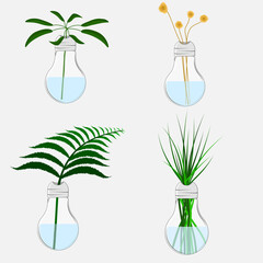 Set collection of plants in vases in the form of a lamp