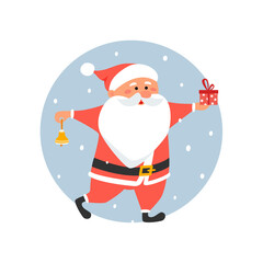 Funny Santa Claus holding a gift and a bell. A cute cartoon character hurries up. Christmas concept art illustration. Good for postcard, invitation, banner, poster, greeting, tag, label.  
