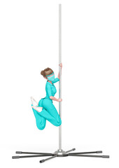 nurse girl is doing exercise on a pole dance bar
