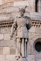 Hungary, Budapest. Fisherman's Bastion and statue of Janos Hunyadi.