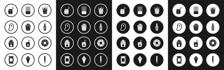 Set Chicken leg in package box, Popcorn, Steak meat, Asian noodles and chopsticks, Hotdog sandwich, Chocolate bar, Donut and Potatoes french fries icon. Vector