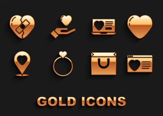 Set Wedding rings, Heart, Dating app online, Shopping bag, Location with heart, Healed broken and hand icon. Vector