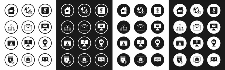 Fototapeta premium Set Mute microphone, Briefcase, Hierarchy organogram chart, Video camera Off in home, Online working, and chat conference icon. Vector