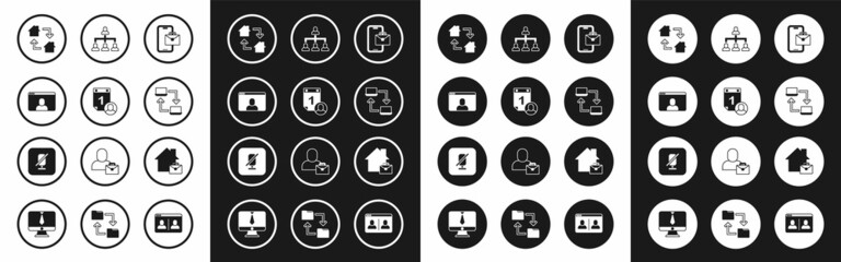 Fototapeta premium Set Freelancer, Time management, Video chat conference, Online working, Hierarchy organogram chart, and Mute microphone icon. Vector