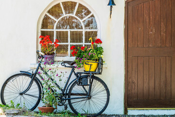 Fototapeta na wymiar Europe, Ireland, County Cork. Bicycle next to house with potted plants.