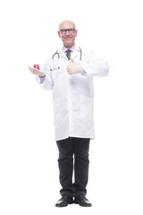 competent doctor with a laboratory flask. isolated on a white