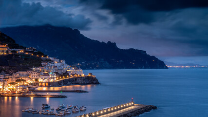 Europe, Italy, Campania. Sunset on town and Amalfi Coast.
